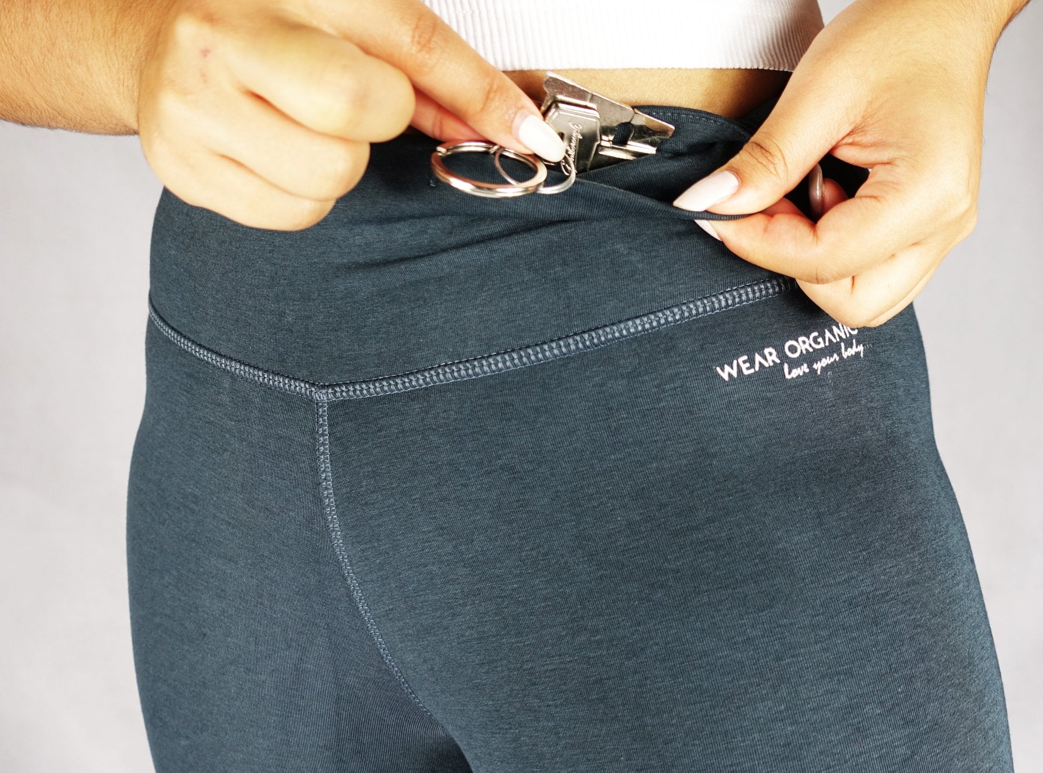 Gunmetal grey full length leggings with hidden key pocket in the front waistband