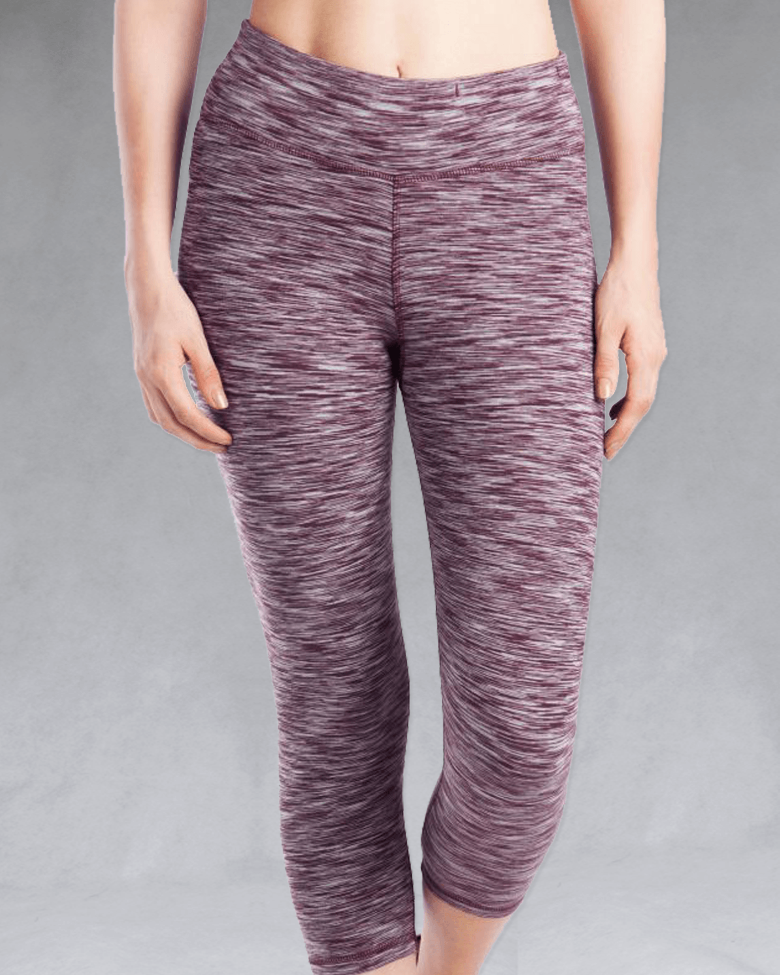 The Plum Heather bamboo compression Crop Legging sits high-waisted, shown here in a front view. Active by GS.