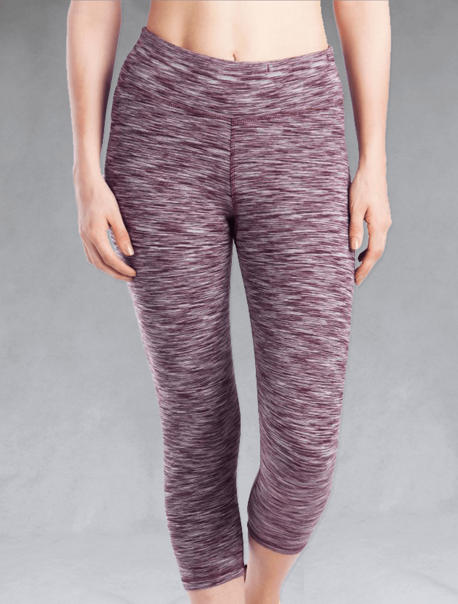 The Plum Heather bamboo compression Crop Legging sits high-waisted, shown here in a front view. Active by GS.