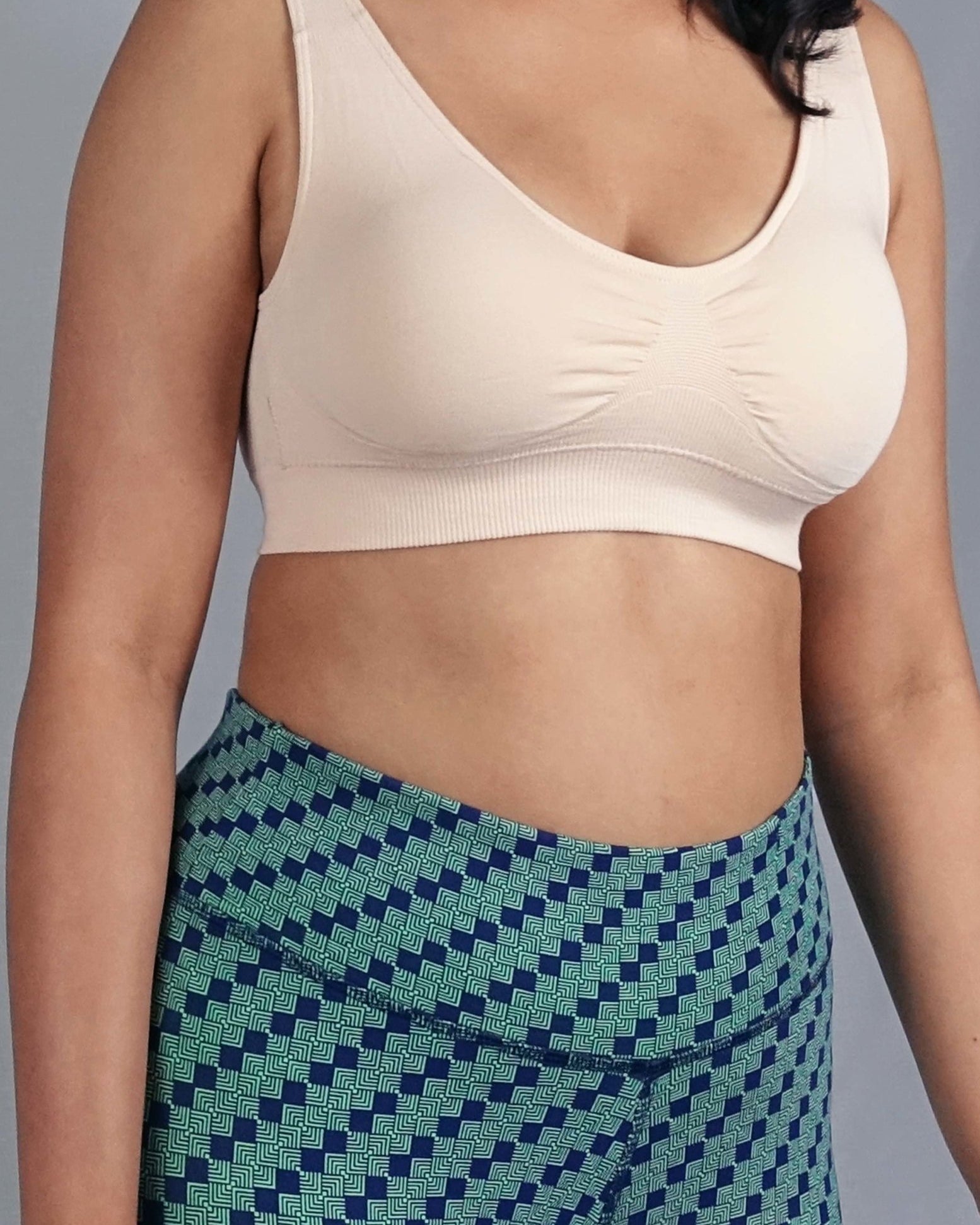 Nude colour soft ribbed seamless wire free bra with removable pads