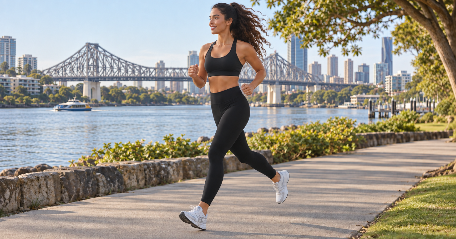 Woman jogging along the river in Brisbane wearing Active by GS high-waisted leggings and a matching sports bra, with the Story Bridge in the background