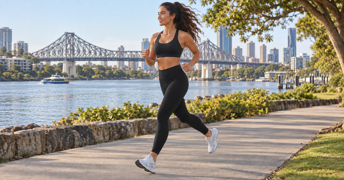 Woman jogging along the river in Brisbane wearing Active by GS high-waisted leggings and a matching sports bra, with the Story Bridge in the background