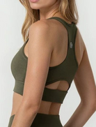 Khaki Olive Green Bamboo super soft high impact sports bra worn by a person on a white background 