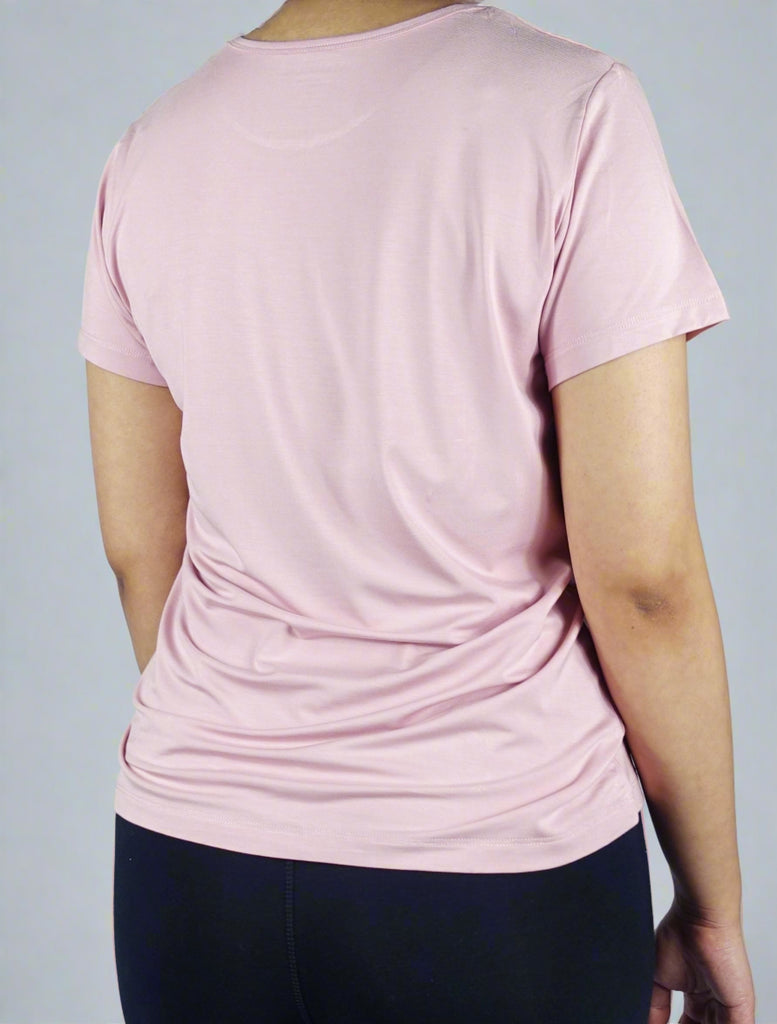 Back view of a women's pink crew neck tee shirt