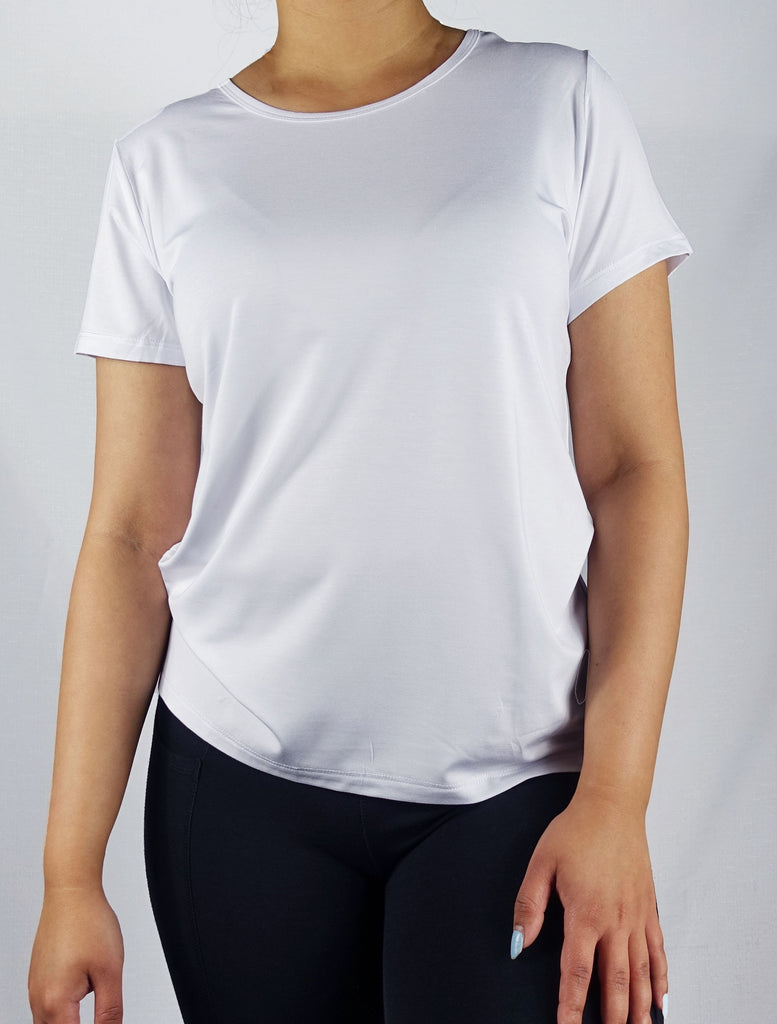 Front view of a white crew neck tee shirt on a model