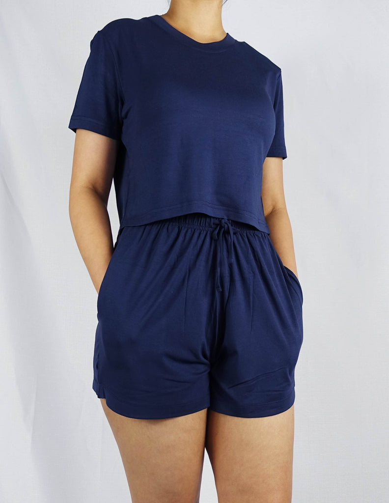 Blue crop tee with a round neckline and short sleeves