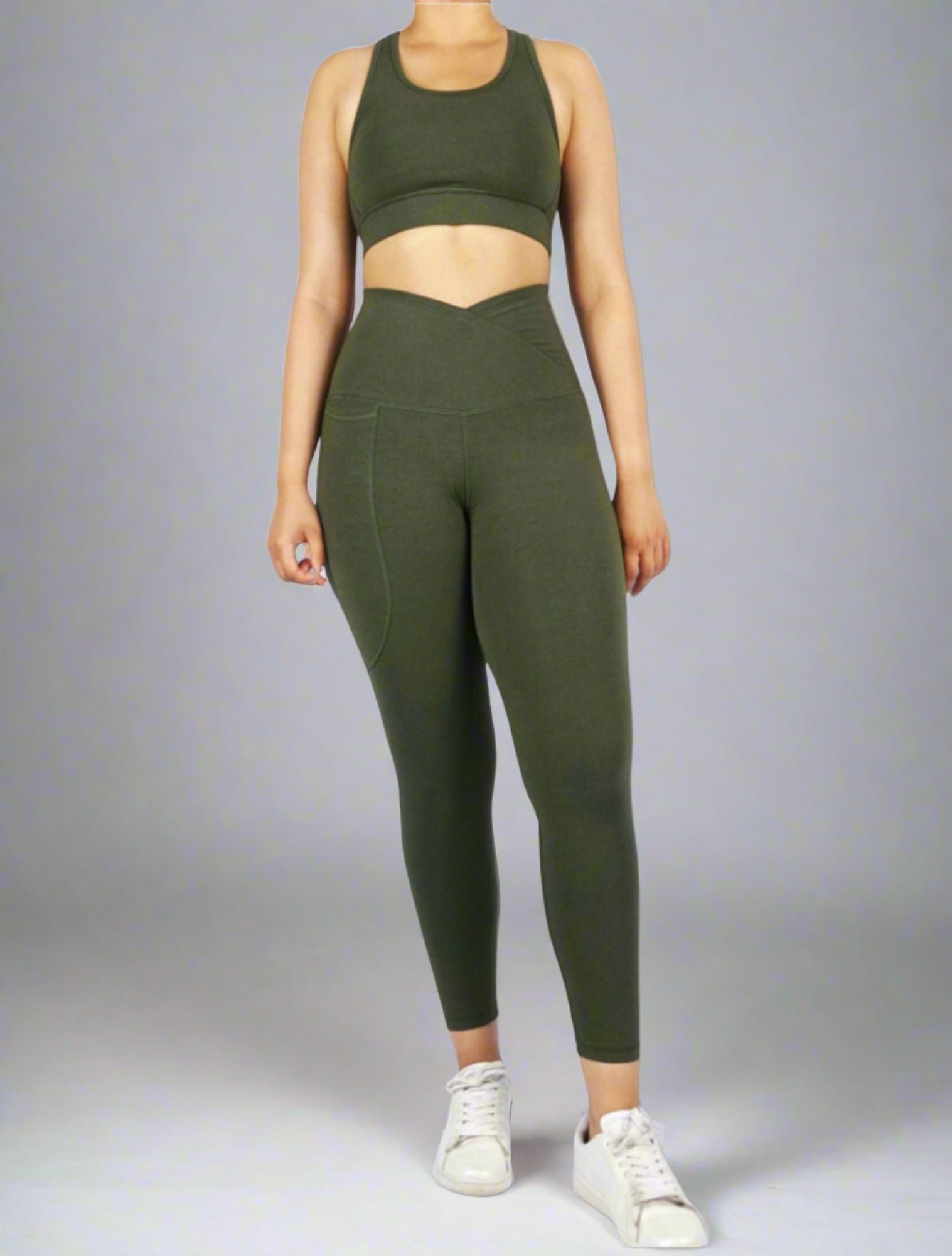 Khaki green ankle length high waisted tights with cross waist and phone pocket  super soft and breathable bamboo