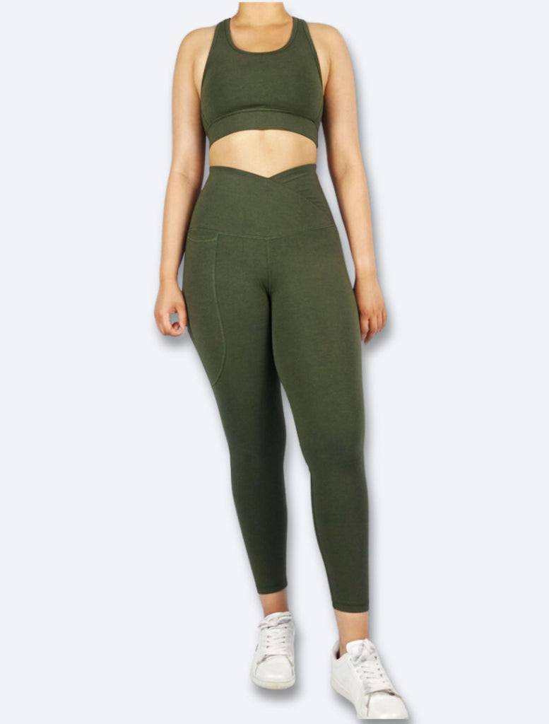 Khaki green ankle length high waisted tights with cross waist and phone pocket  super soft and breathable bamboo