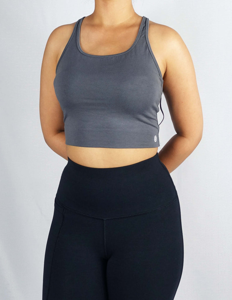 Front view of a women's grey soft crop top 