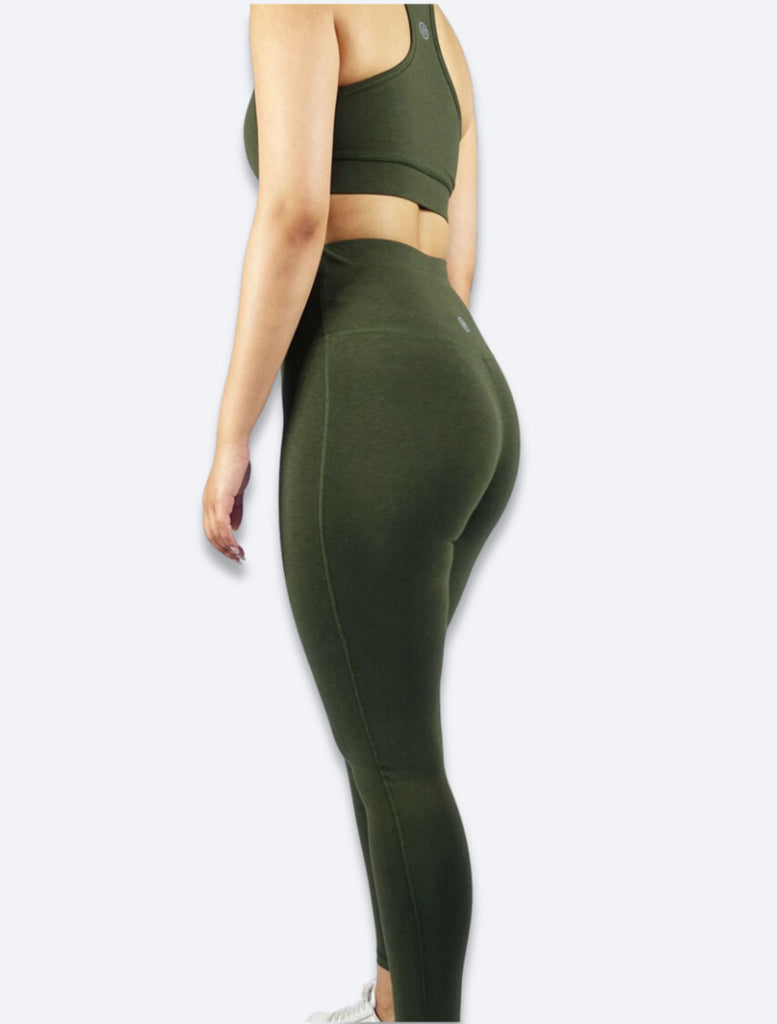 Khaki green ankle length high waisted tights with cross waist and phone pocket  buttery soft and breathable bamboo