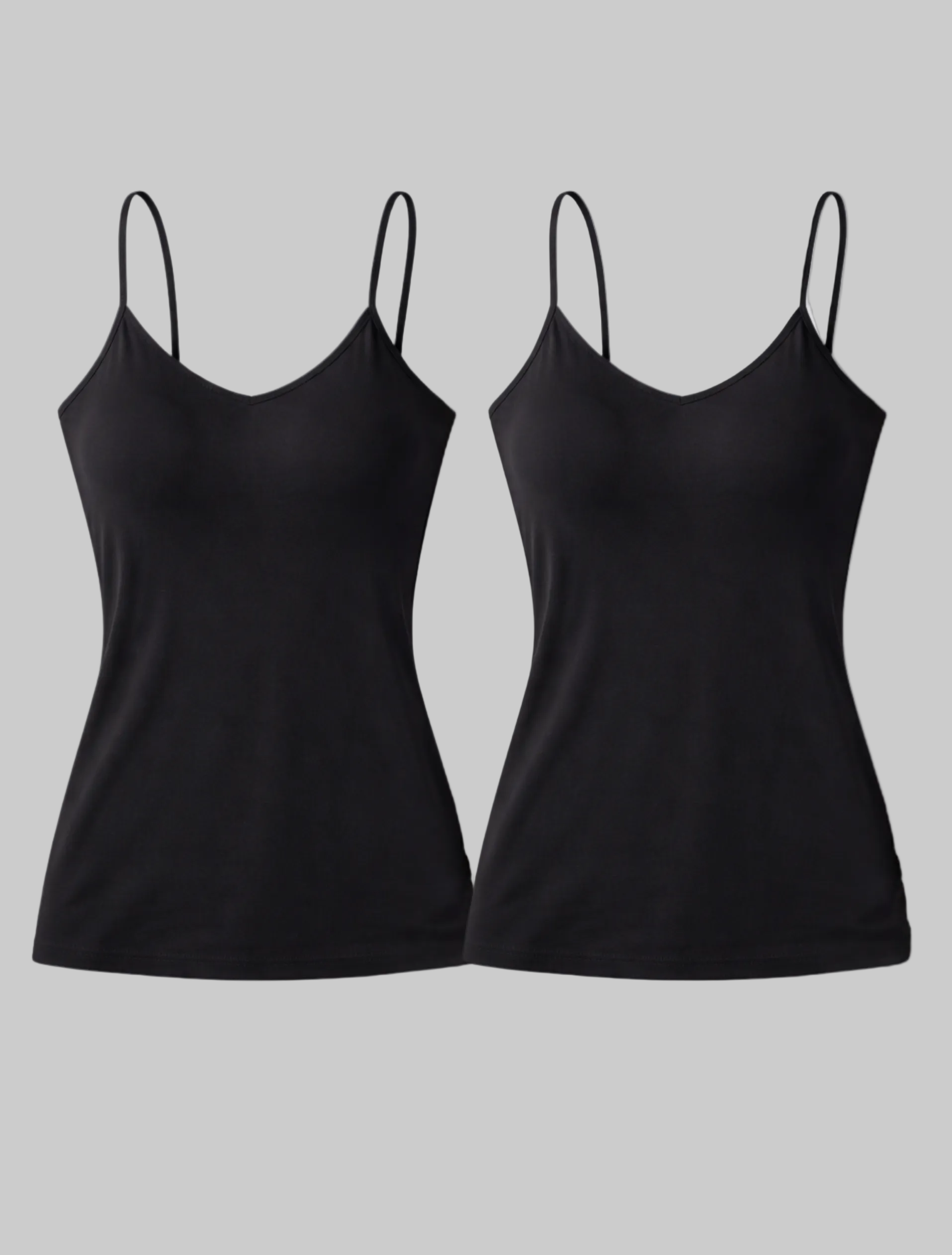 Two black cami singlet set in bamboo fabric super soft and moisture wicking with thin adjustable straps on a light gray background