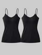 Two black cami singlet set in bamboo fabric super soft and moisture wicking with thin adjustable straps on a light gray background