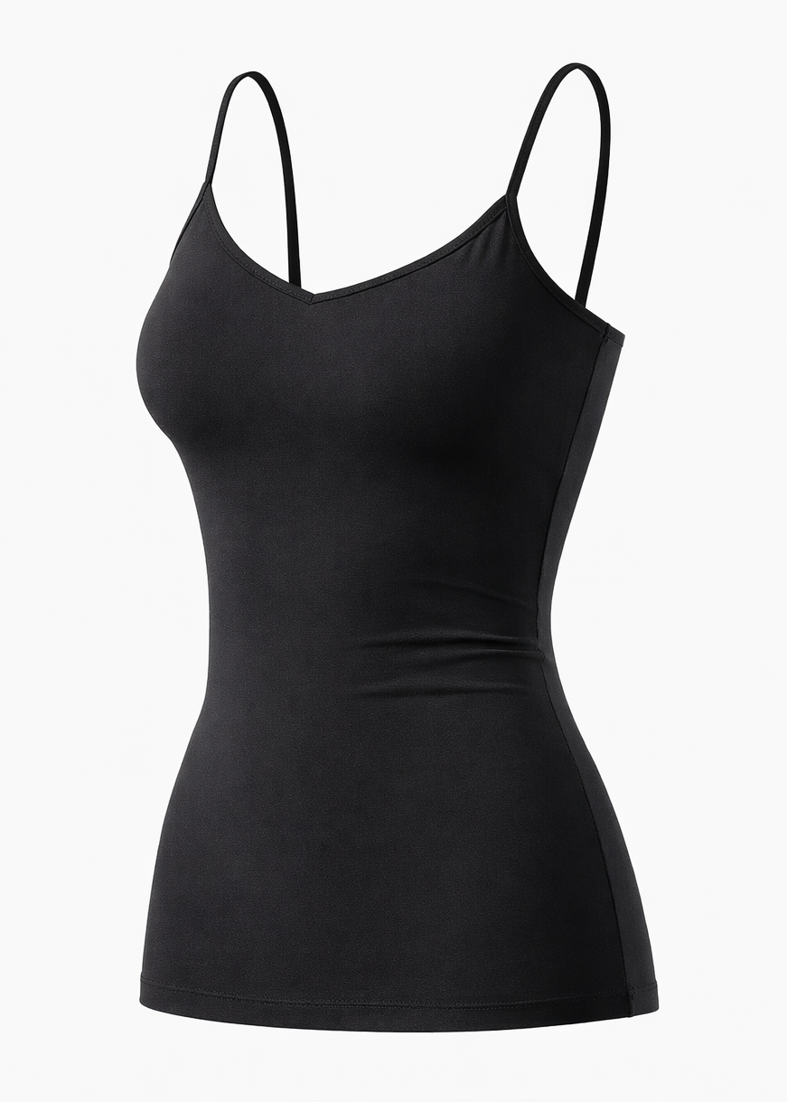 Black camisole singlet  tank top with thin straps on a white background