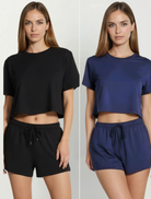 Two images of a woman wearing black and blue Crop Top with shorts in bamboo fabric against a white background.