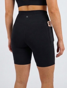 Bamboo crosswaisted bike shorts back view phone pocket fits large iphone or android