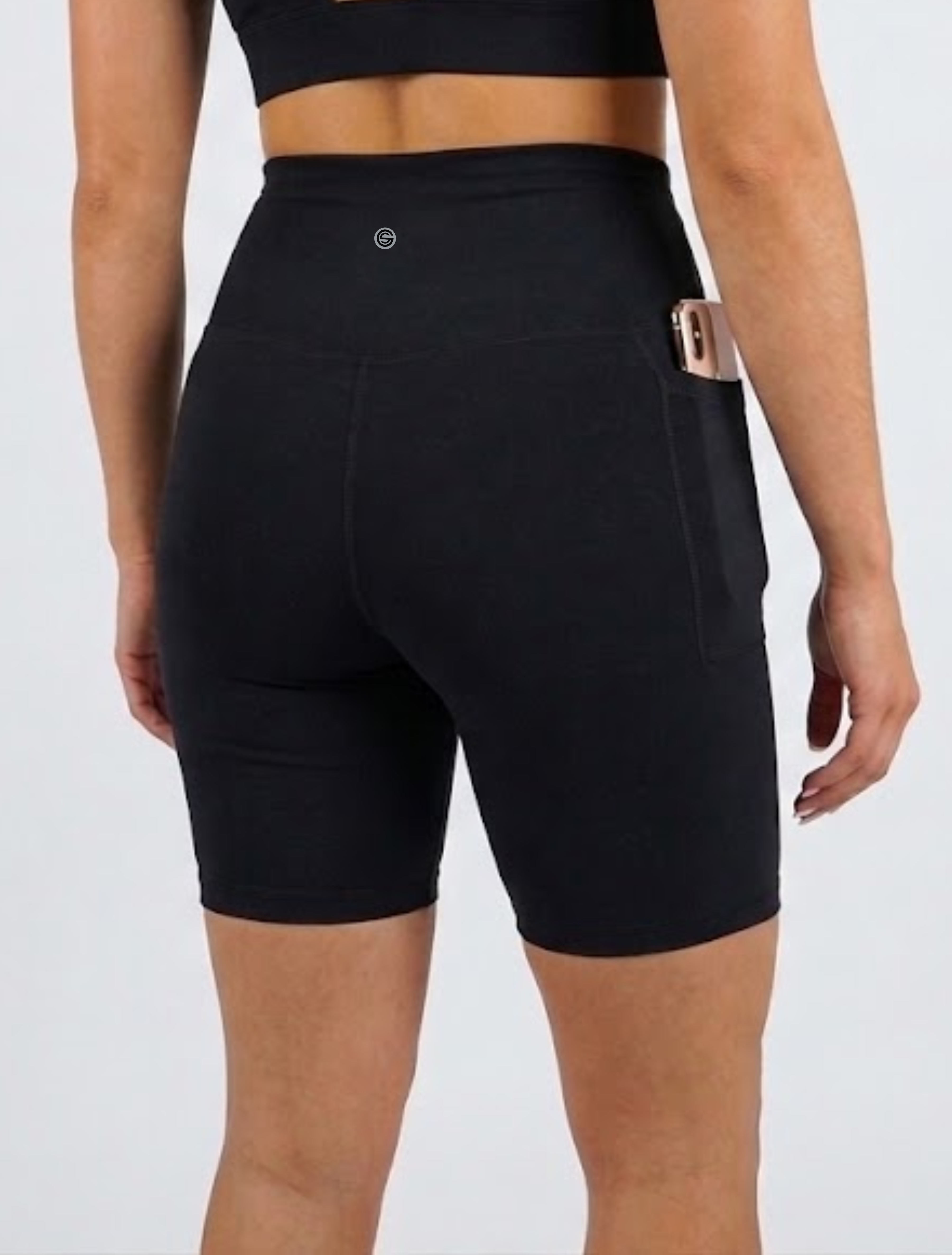Bamboo crosswaisted bike shorts back view phone pocket fits large iphone or android