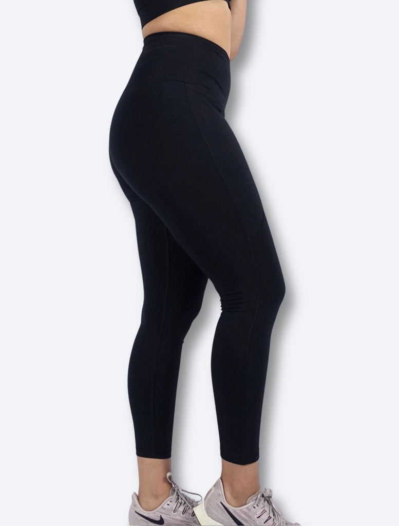 Black luxe foldable high waist leggings with phone pocket moisture wicking and breathable