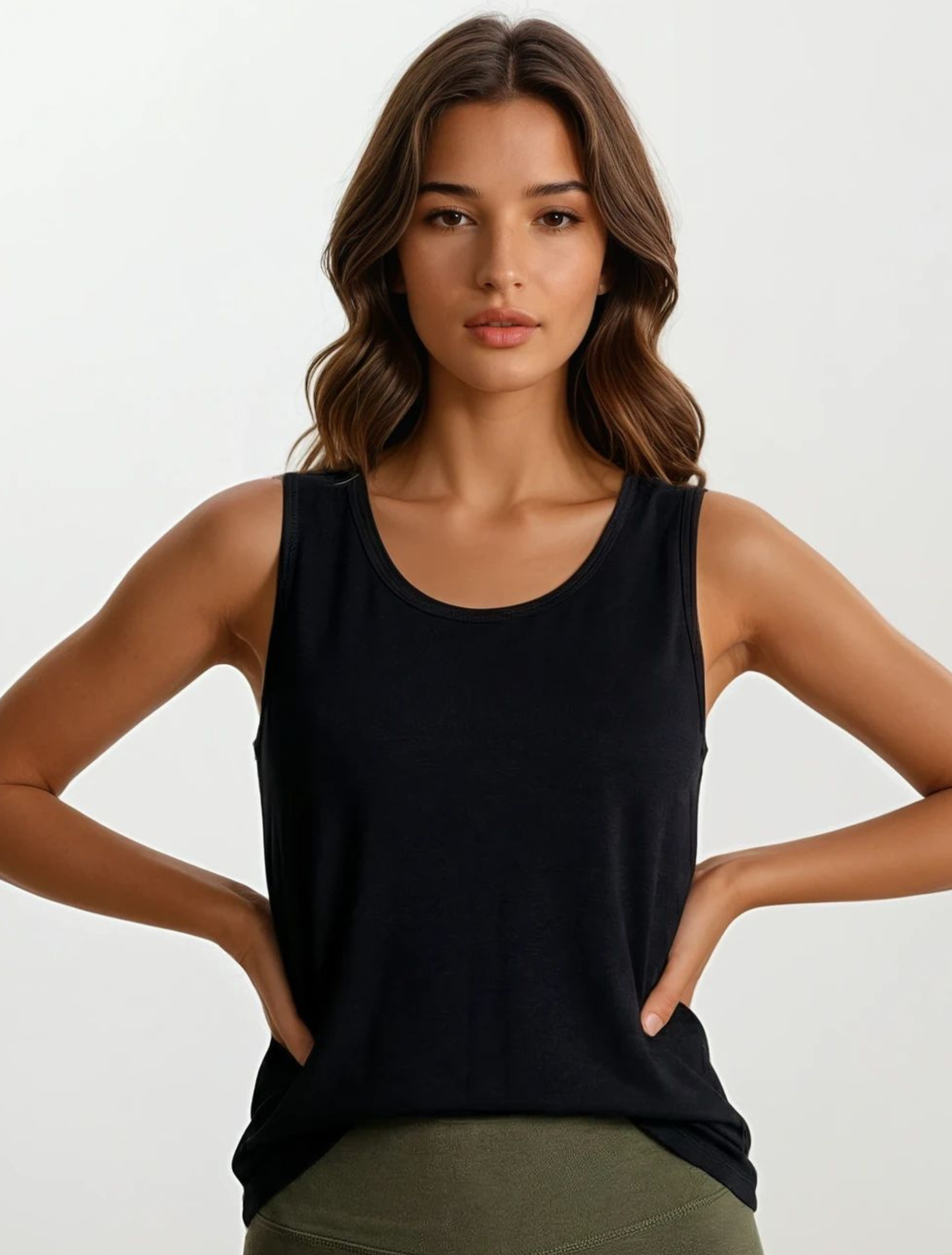 Woman wearing a black tank top against a plain background