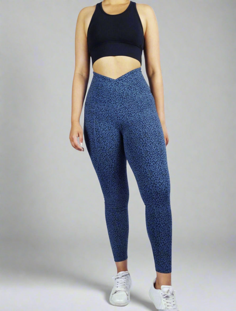 Blue leopard print 7/8  High Waisted Phone Pocket Legging Blue Compression and supportive