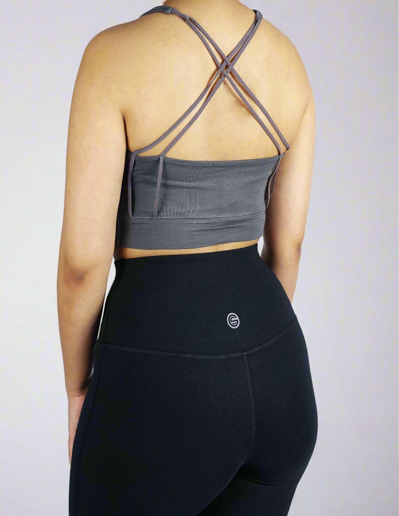 Back view of grey cross strap crop top 