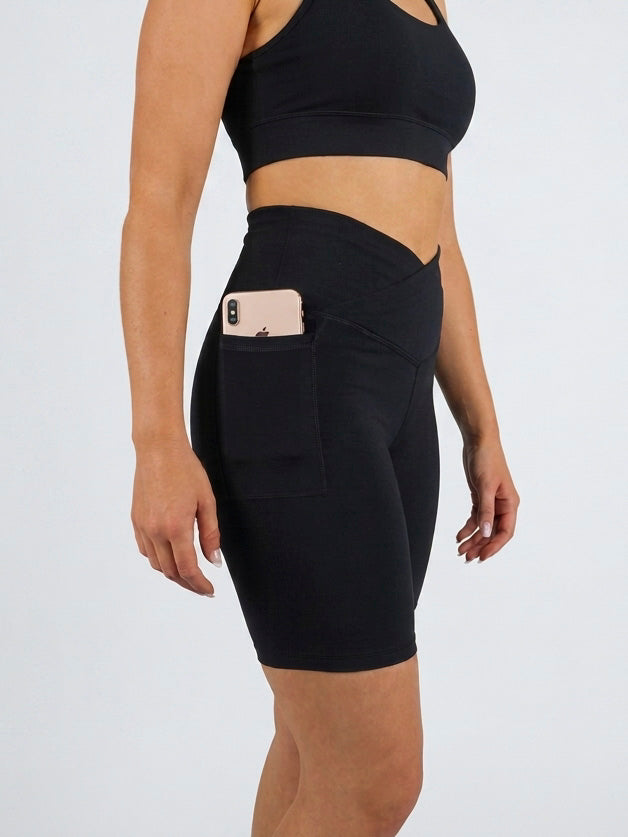 Infinity bamboo crossover bike shorts in black with phone pocket fits large iphone or android