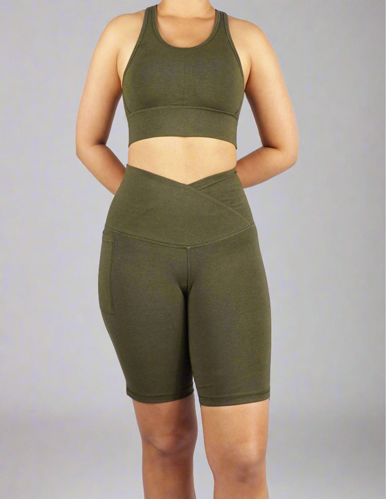 Front view of khaki sports bra