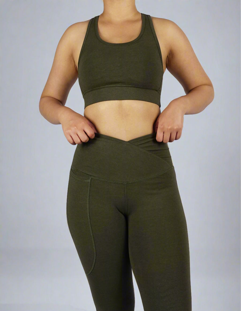 Front view of khaki sports bra