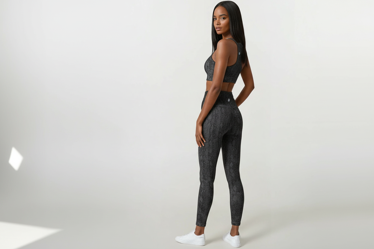 Woman wearing a gray snake skin print sports bra and leggings on a white background