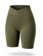 Motion Khaki Olive Green Crossover V Waist Bike Shorts Bamboo soft and moisture wicking performance gym yoga pilates short with phone pocket Green athletic shorts on a white background