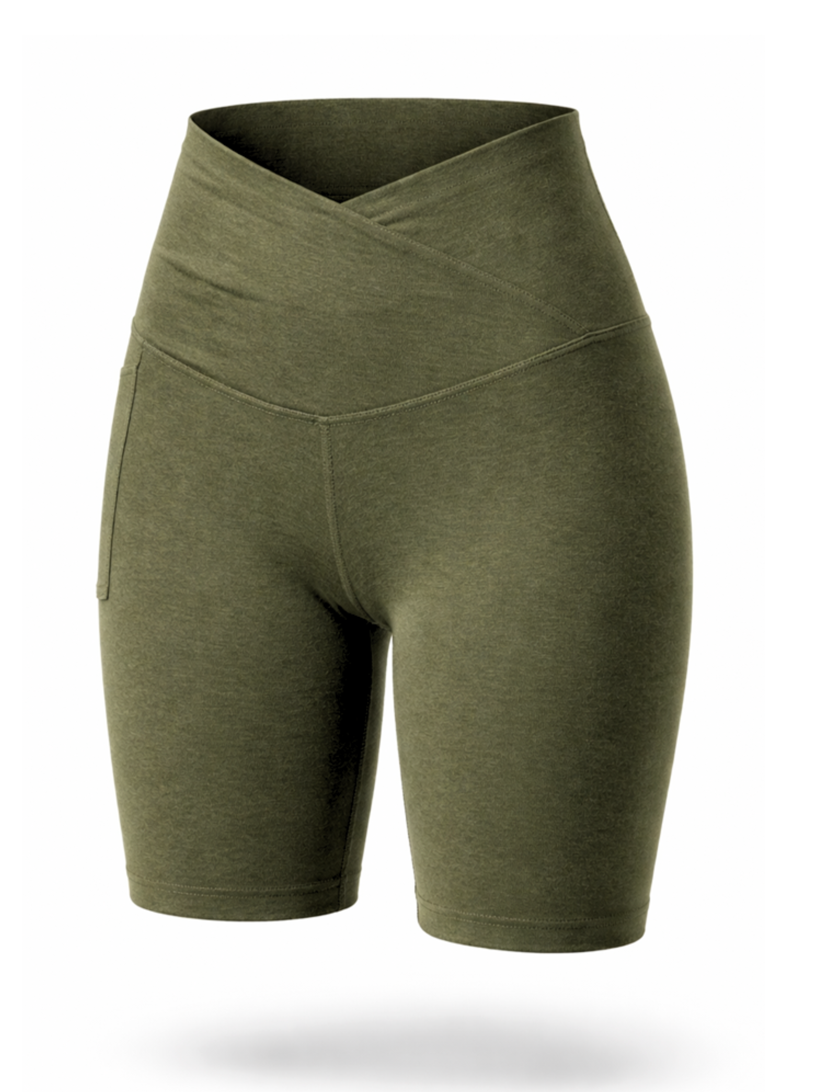 Motion Khaki Olive Green Crossover V Waist Bike Shorts Bamboo soft and moisture wicking performance gym yoga pilates short with phone pocket Green athletic shorts on a white background