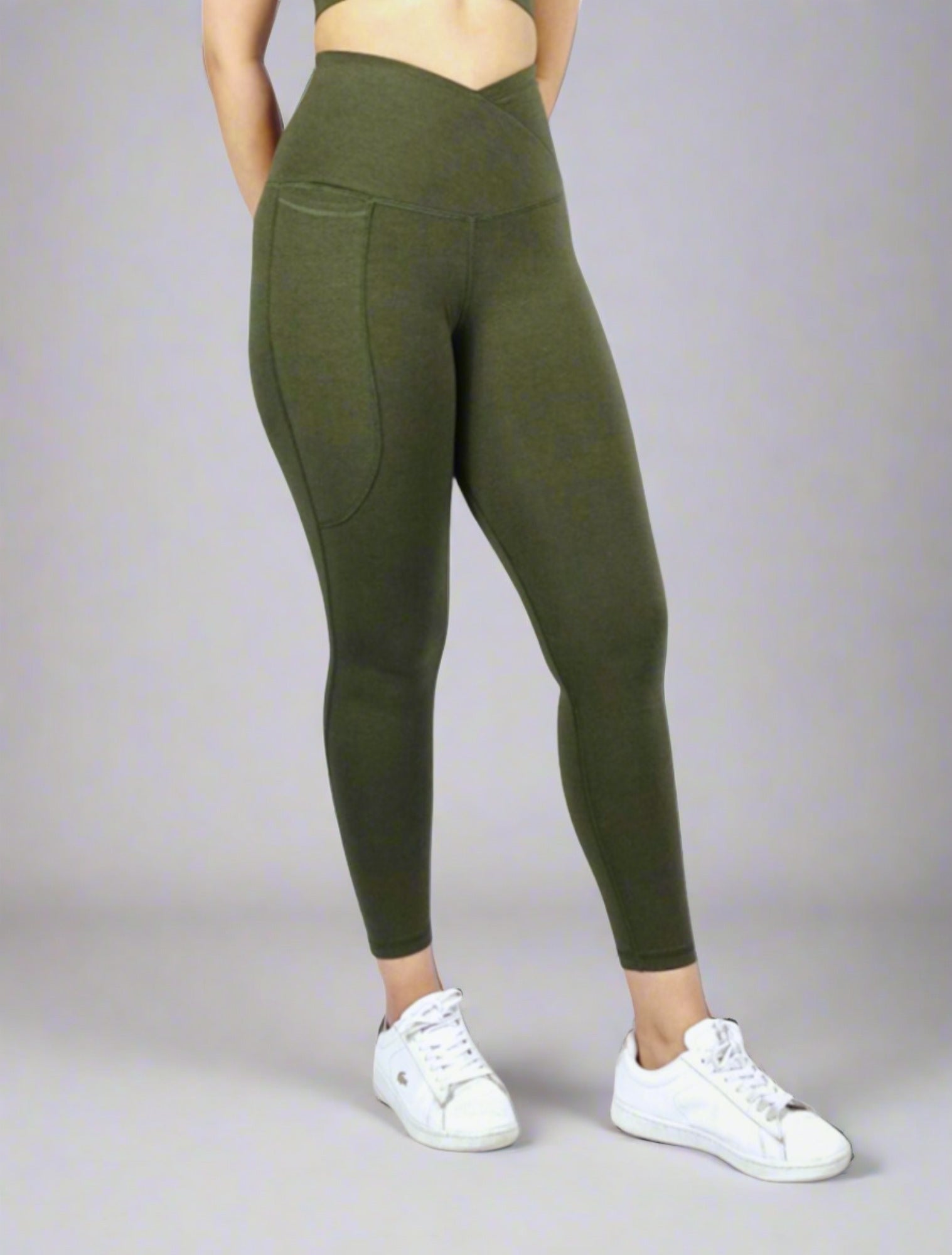 Olive green ankle length high waisted tights with cross waist and phone pocket  soft and breathable bamboo