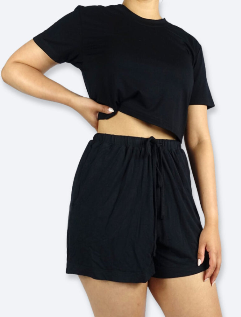 Women's Bamboo Shorts & Crop Tee Loungewear Set l Black l Active by GS