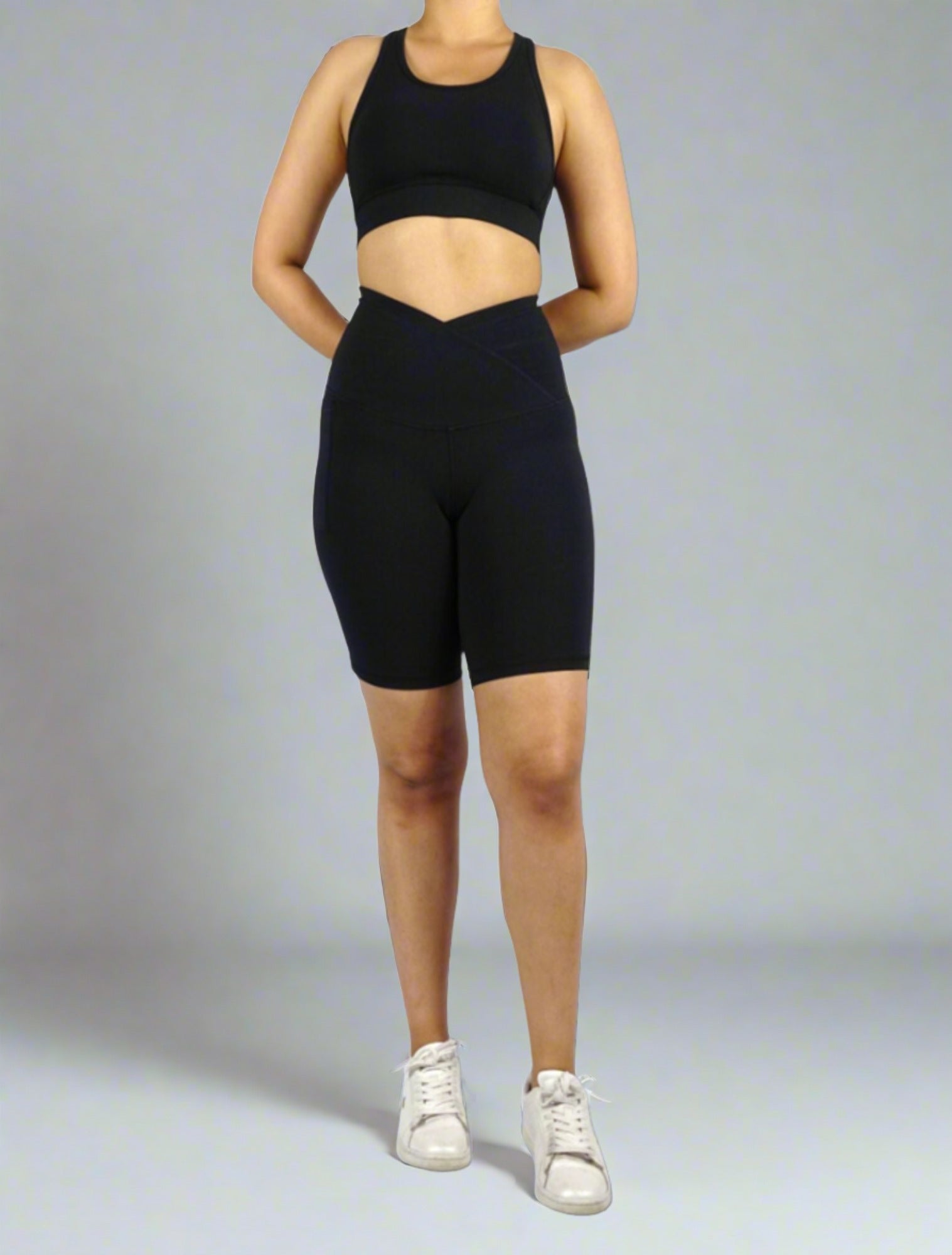 Women's black bike shorts with 20 cm inseam