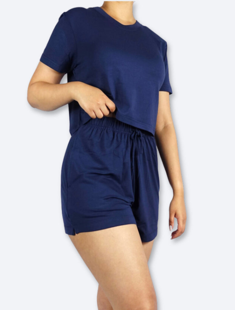 Womens Loungewear Set with Crop Tee and Short Navy Blue 