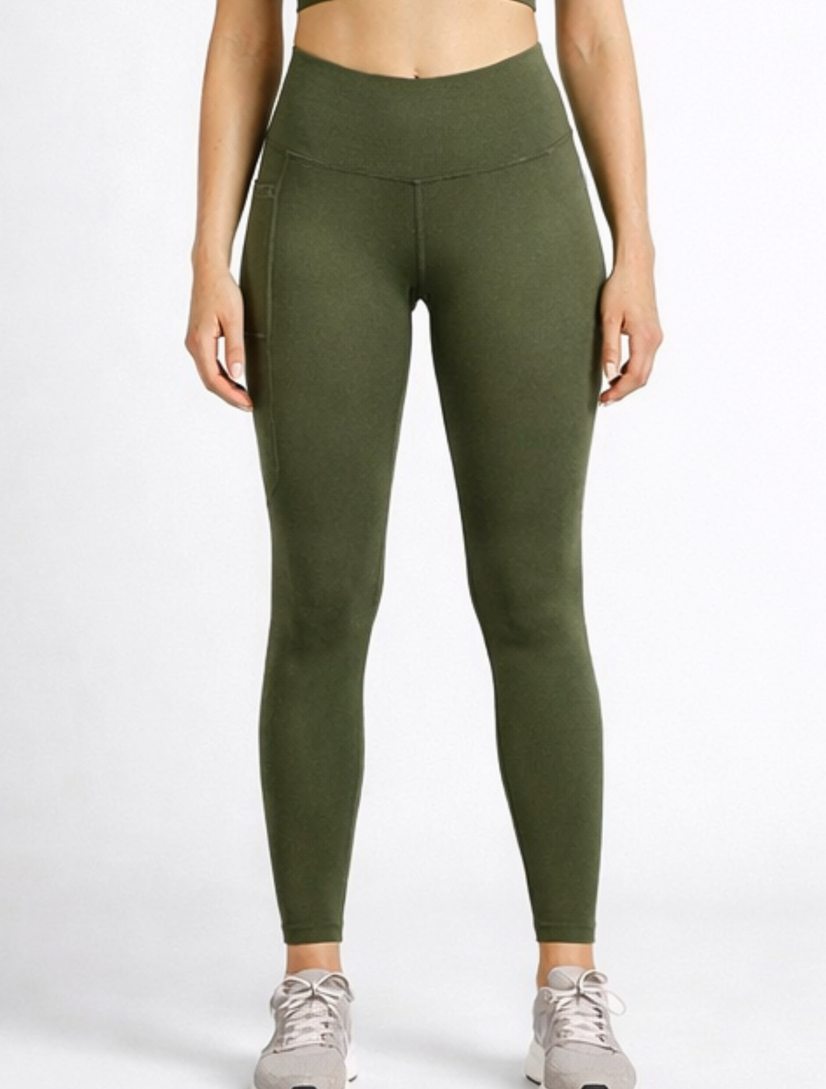 Person wearing green leggings olive-green-workout-leggings-womens-activewear_activebygs on a white background