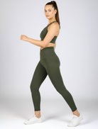 Khaki V-waist sculpting leggings for women, made from breathable bamboo fabric with a supportive high-compression fit.