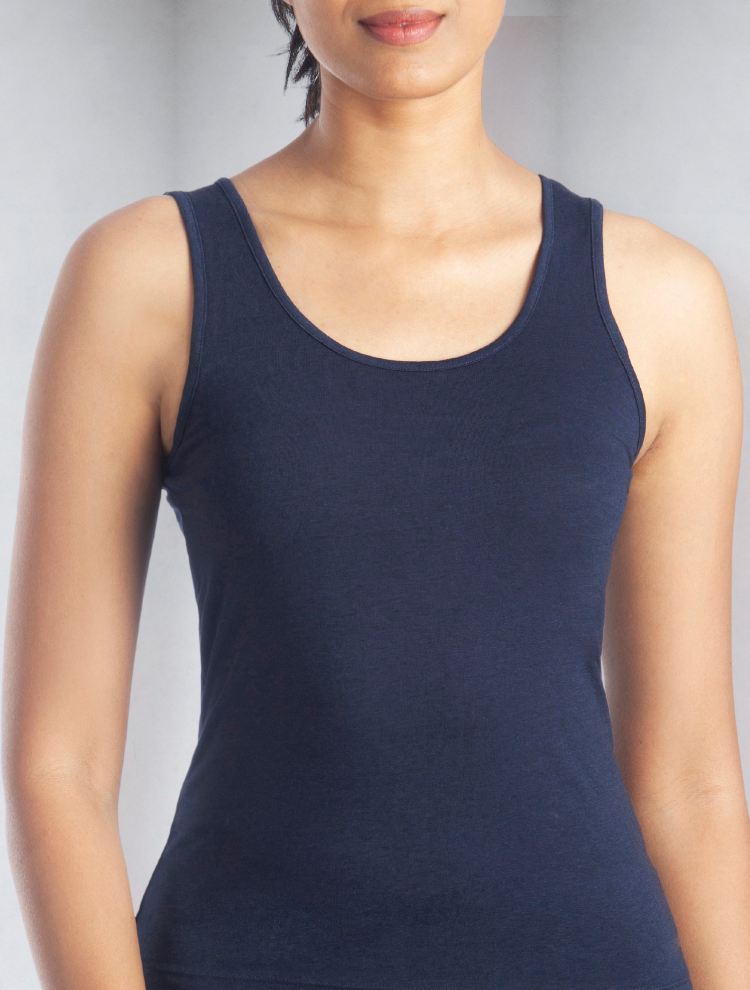 Front view of women's navy blue tank top