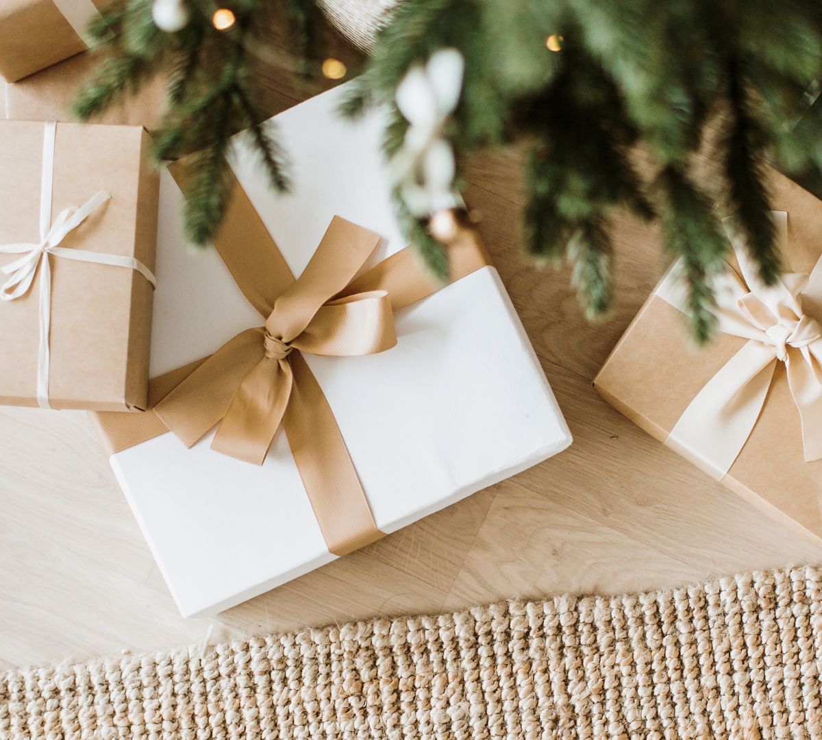 Active by GS Gift Wrap is shown here with kraft paper and ribbon around wrapped gifts.
