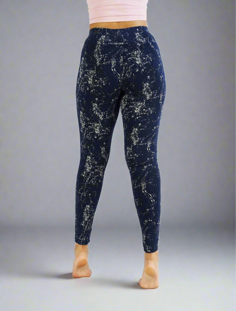 Back view of women's blue full length leggings, activewear