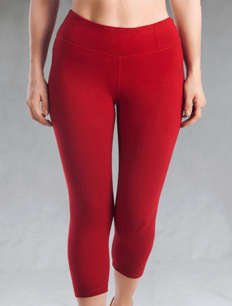 Model wearing red crop legging, activewear