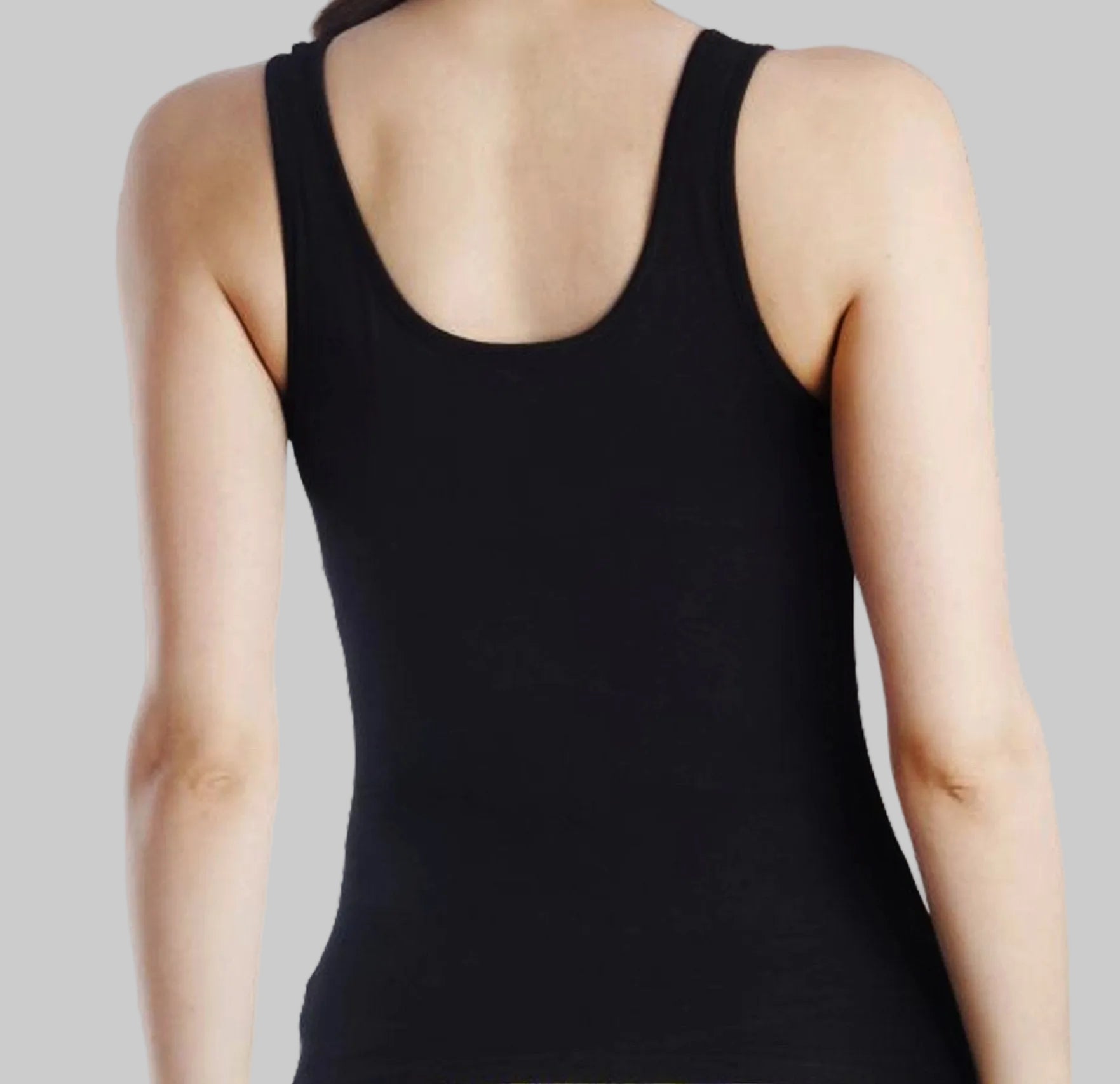 Back view of women's black tank top