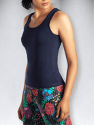 Side view of women's navy blue tank top