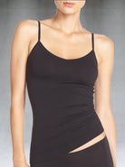 Model wearing black two-way camisole V and round neck