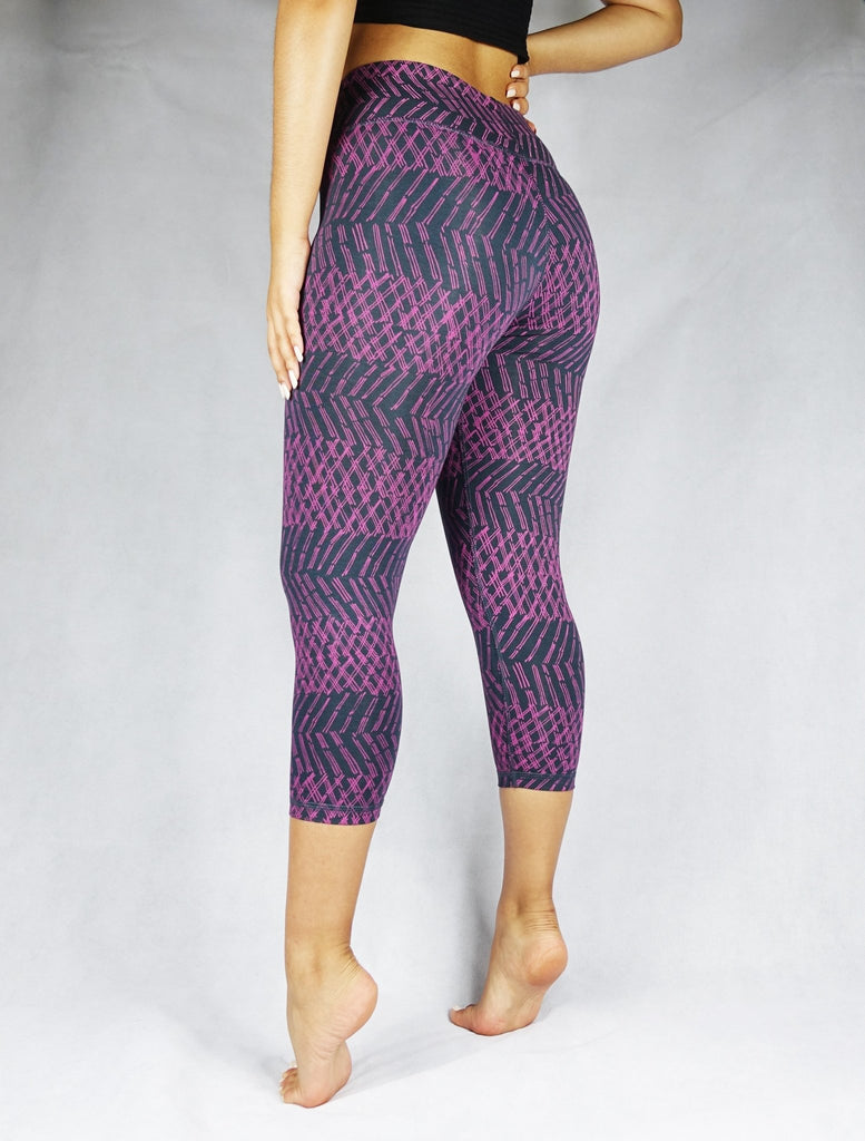 Side view of plum patterned colour crop leggings, activewear