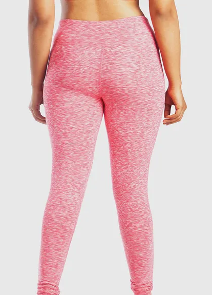 Back view of pink full length leggings with marbled pattern for women